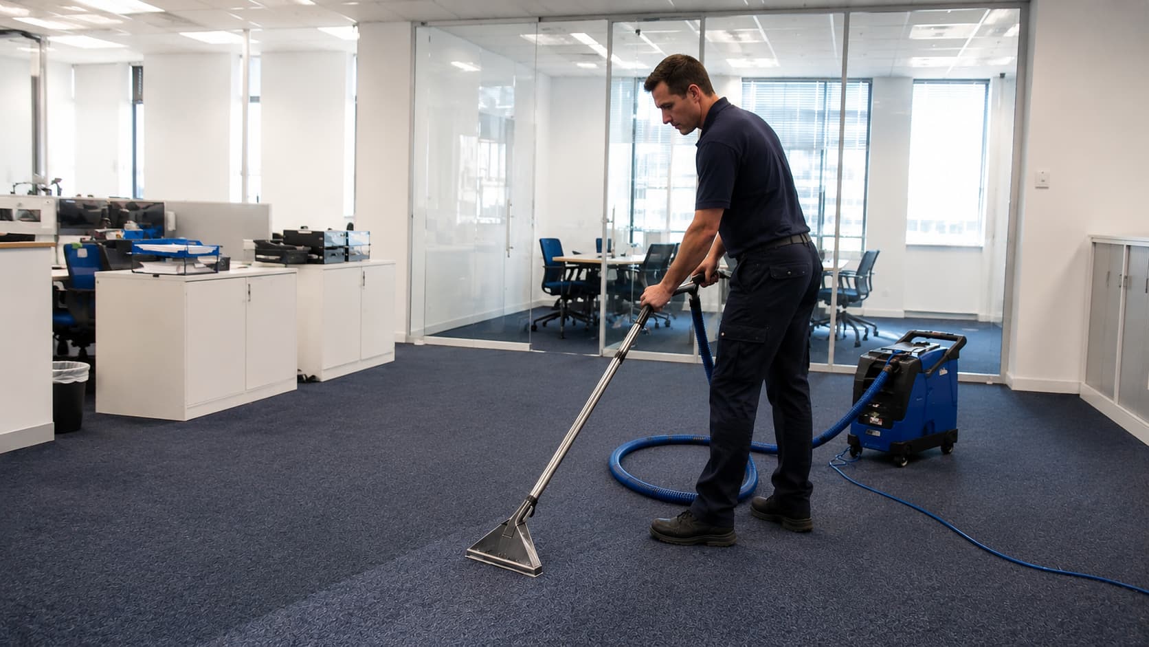 A Chem2Clean carpet cleaner operator in an office in Dublin city centre