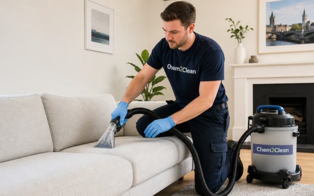 Chem2Clean upholstery operator cleaning the sofa in residential house