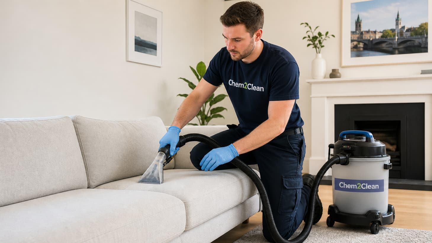 Chem2Clean upholstery operator cleaning the sofa in residential house